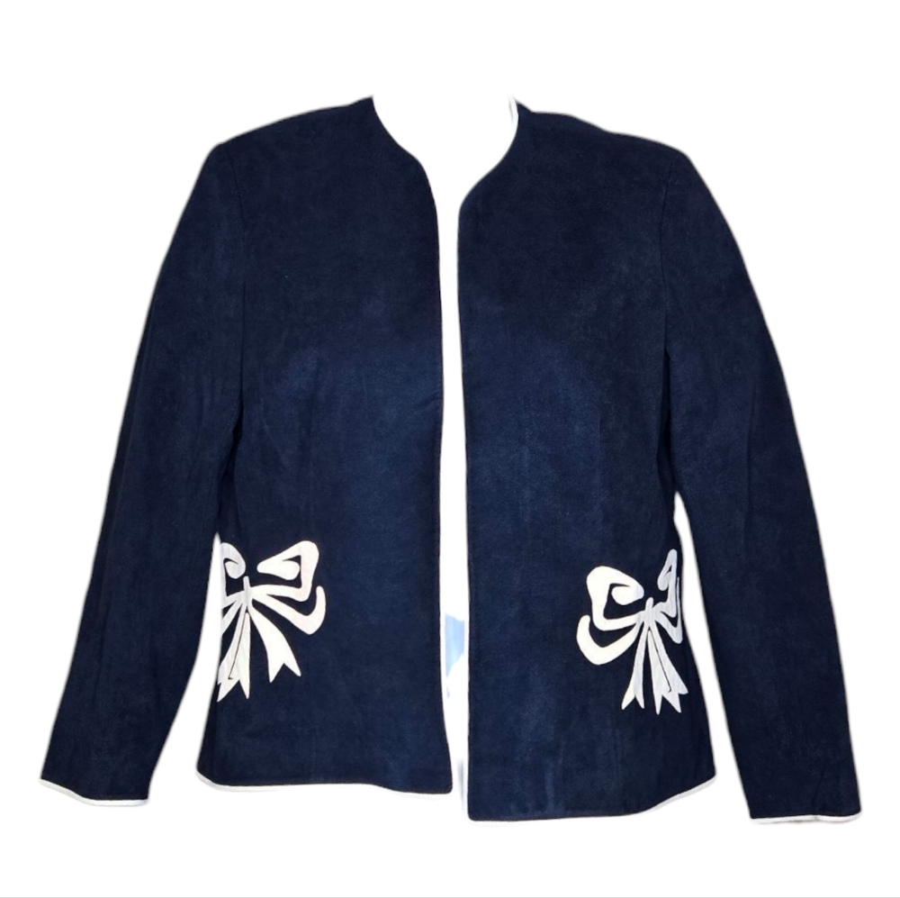 VINTAGE 70s navy blue ultrasuede bow‎ detail blazer jacket coat M